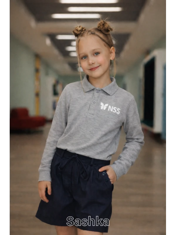 Поло для дівчинки з довгим рукавом сіре з логотипом школи NSS, розмір 116-188